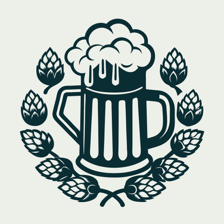 Vector Graphic of a Foamy Beer Mug Adorned with Hopsのイラスト素材
