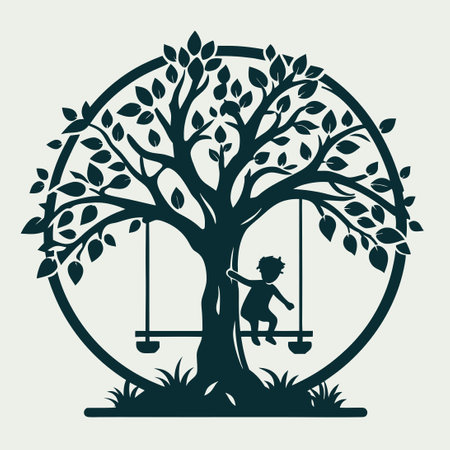 Nostalgic Childhood Memories: Oak Tree Swinging Adventure in a Vintage Playgroundのイラスト素材