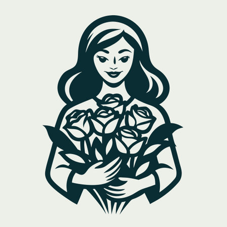 Elegant Woman with a Bouquet of Roses Vector Graphic for Designのイラスト素材