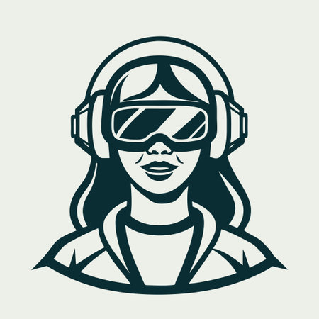 Modern Woman Wearing Virtual Reality Headset with Headphones Logo Vectorのイラスト素材