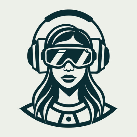 Woman Immersed in Virtual Reality Headset Experience with Headphonesのイラスト素材