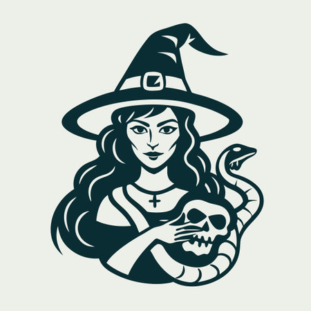 Alluring Witch: A Vector Logo Featuring a Stunning Woman with a Skull Adornmentのイラスト素材