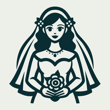 Elegant Woman in Flowing Wedding Dress Illustrated Logo Vectorのイラスト素材