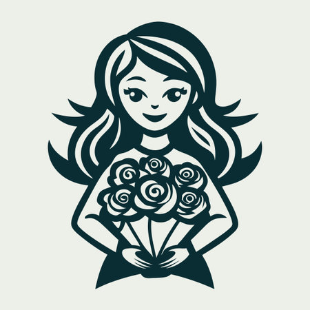 Enchanting Girl with Bouquet of Roses: Vector Art Illustrationのイラスト素材