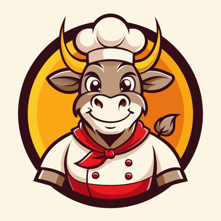 Cartoon Logo Featuring a Cow Chef Character in a Mascot Styleのイラスト素材