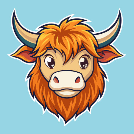 Highland Cow with Majestic Horns and Curly Bangs in Vector and PNG Formatsのイラスト素材