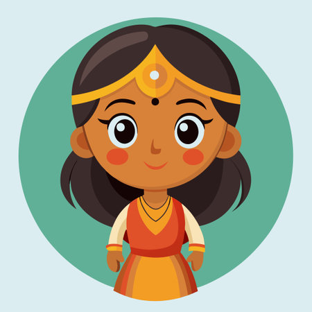 Cute Cartoon Illustration of an Indian Girl with Traditional Attireのイラスト素材