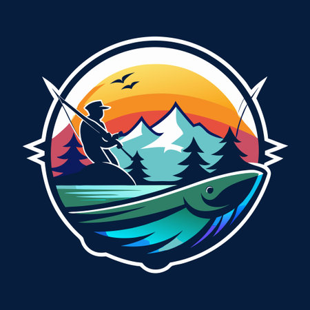 Gradient Color Fishing Logo with Vibrant Hues and Stylized Illustrationsのイラスト素材