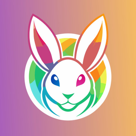 Easter bunny logo with rainbow colors on gradient background. Vector illustration.のイラスト素材