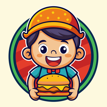 Cute and Charming Vector Logo Illustration of a Burger Boy Mascot Characterのイラスト素材