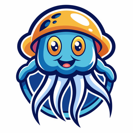 Vector Logo Illustration of a Friendly Cartoon Jellyfish Mascot with 4 Tentaclesのイラスト素材