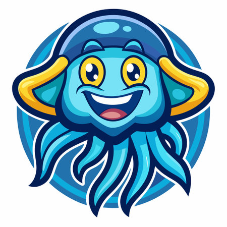 Cartoon Mascot Illustration of a Playful Jellyfish with a Vector Logo Designのイラスト素材