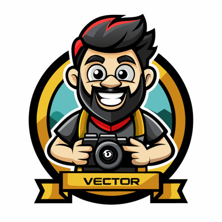 Cartoon Vector Logo Mascot of a Photographer Holding a Cameraのイラスト素材