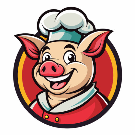 Cute Mascot Cartoon Vector Illustration of a Pig Chef with a Chef's Hat and Apronのイラスト素材