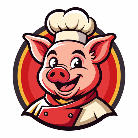 Cartoon Illustration of a Piggy Chef Cooking with a Big Smileのイラスト素材