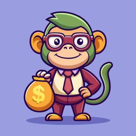 Cartoon Vector Icon of a Cool Monkey Holding a Money Bag