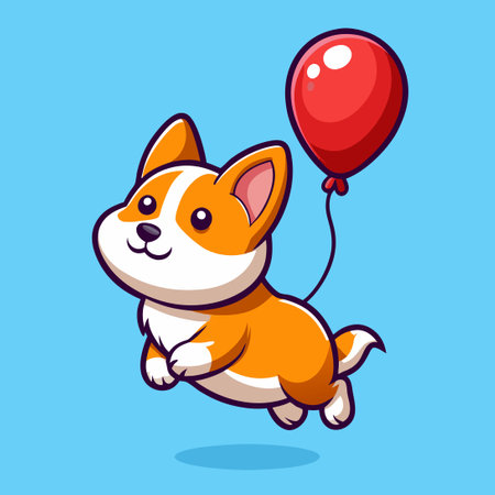 Adorable Corgi Dog Floating High in the Sky with a Heart-Shaped Balloon and Carのイラスト素材