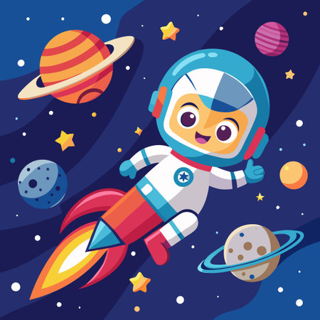 Adventuresome Astronaut Astronaut Soaring Through Space with Rocket Companionのイラスト素材