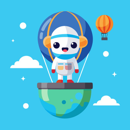 Adorable Astronaut Soaring in a Hot Air Balloon over Earth in a Cartoon Styleのイラスト素材