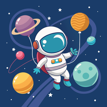 Adorable Astronaut Soaring amidst Planetary Balloons in the Vast Cosmosのイラスト素材