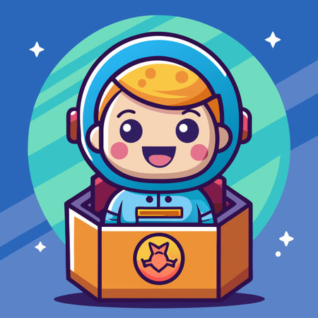 Delightful Cartoon Icon Depicting an Adorable Astronaut in a Cardboard Boxのイラスト素材