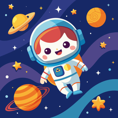 Adorable Astronaut Soaring Through Space in Cartoon Style Illustrationのイラスト素材