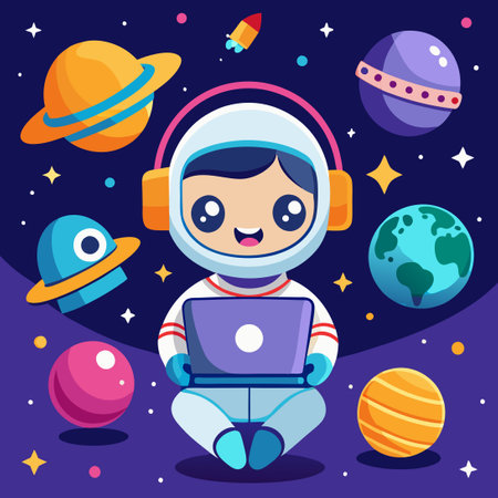 Adorable Astronaut Hard at Work on a Laptop in the Vastness of Spaceのイラスト素材
