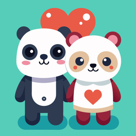 Adorable Bear and Panda Couple in a Heartwarming Cartoon Embraceのイラスト素材