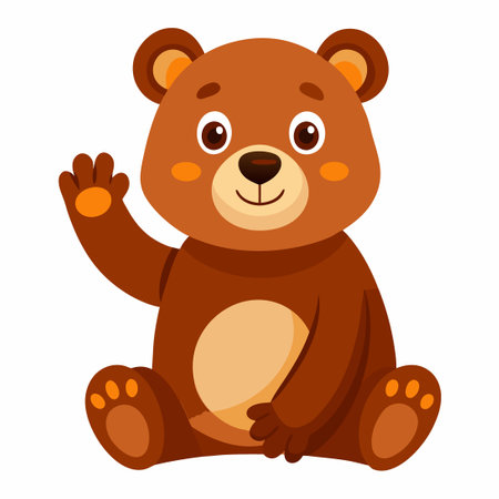 Adorable Cartoon Bear Delightfully Waving and Seatedのイラスト素材
