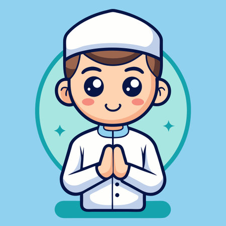 Adorable Muslim Boy Praying in a Cartoonish Styleのイラスト素材