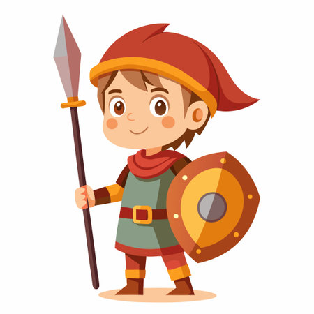 Adorable Cute Boy Knight with Shield and Spear Cartoon Vector Illustrationのイラスト素材