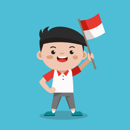 Kawaii Boy Embracing the Indonesian Flag in Cartoonish Charmのイラスト素材