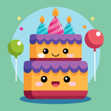Adorable Cartoon Vector Icon Illustrating a Cute Birthday Cake Party