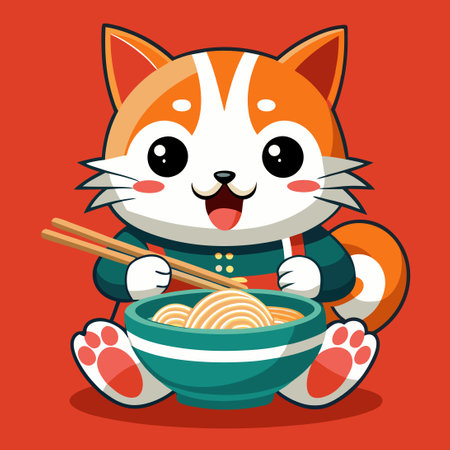 Adorable Feline Delights in a Scrumptious Ramen Odyssey with Chopsticksのイラスト素材