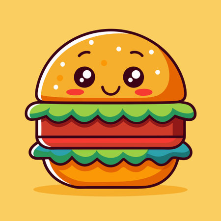 Adorable Cartoon Illustration of a Beaming Hamburger Character with Charming Featuresのイラスト素材