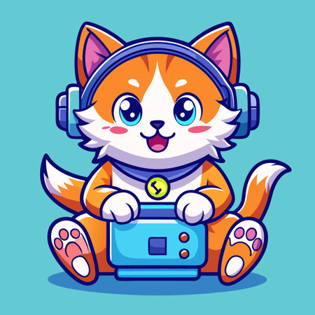 Animated Cartoon of an Adorable Feline Playing Video Games with Enthusiasmのイラスト素材