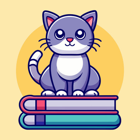 Adorable Cartoon Cat Lounging Gracefully on Stacked Booksのイラスト素材