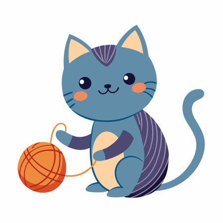 Adorable Cartoon Vector Illustration of a Cuddly Cat Enjoying a Yarn Ballのイラスト素材