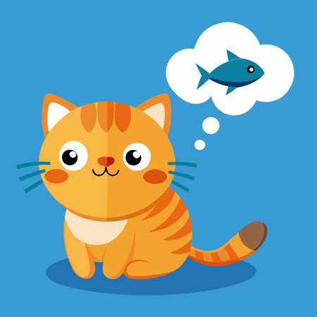 Cute Cartoon Cat Contemplating a Fish Mealのイラスト素材