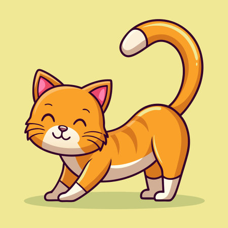 Adorable Cartoon Cat Stretching with a Wide Grinのイラスト素材