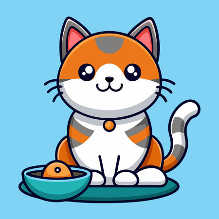 Cartoon Vector Icon of an Adorable Cat Enjoying Fish in Its Food Bowlのイラスト素材