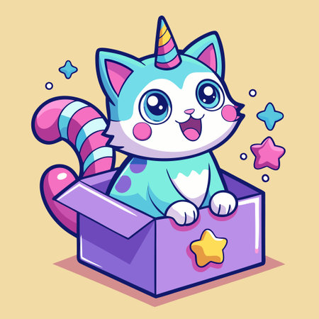 Playful Cartoon Cat Unicorn frolicking in a Boxのイラスト素材