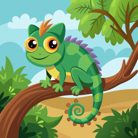 Cartoon Illustration of a Cute Chameleon on a Tree Branchのイラスト素材