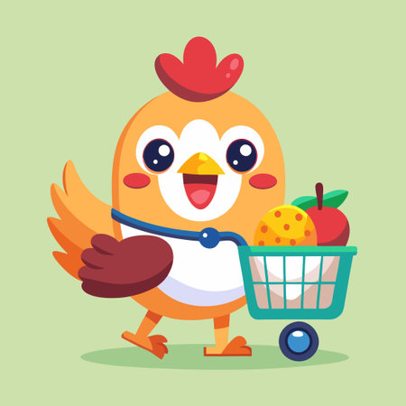 Adorable Cartoon Chicken Carrying Groceries for a Fun Shopping Adventureのイラスト素材