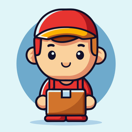 Cartoonish Vector Icon Depicting a Cute Delivery Package with Courier Characterのイラスト素材
