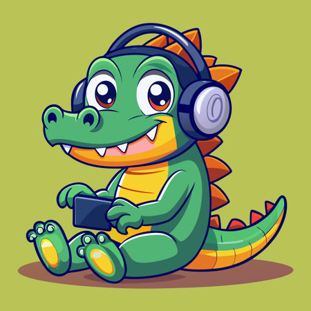 Adorable Crocodile Gamer Sporting Headphones while Gamingのイラスト素材