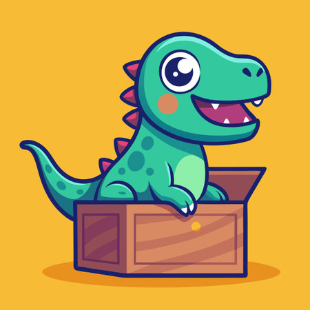 Adorable Dinosaur Hiding in a Cardboard Box Cartoon Illustrationのイラスト素材