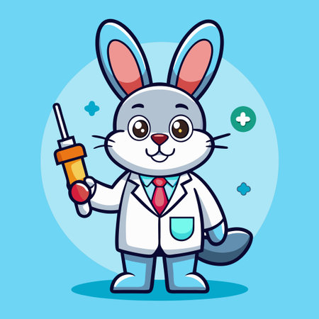 Cute Cartoon Rabbit Doctor Holding Injection for Medical and Healthcare Conceptのイラスト素材