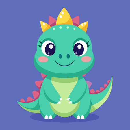 Adorable Crowned Dinosaur Queen in Flat Cartoon Styleのイラスト素材