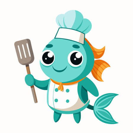 Adorable Fish Chef with Cooking Utensils in Cartoon Styleのイラスト素材